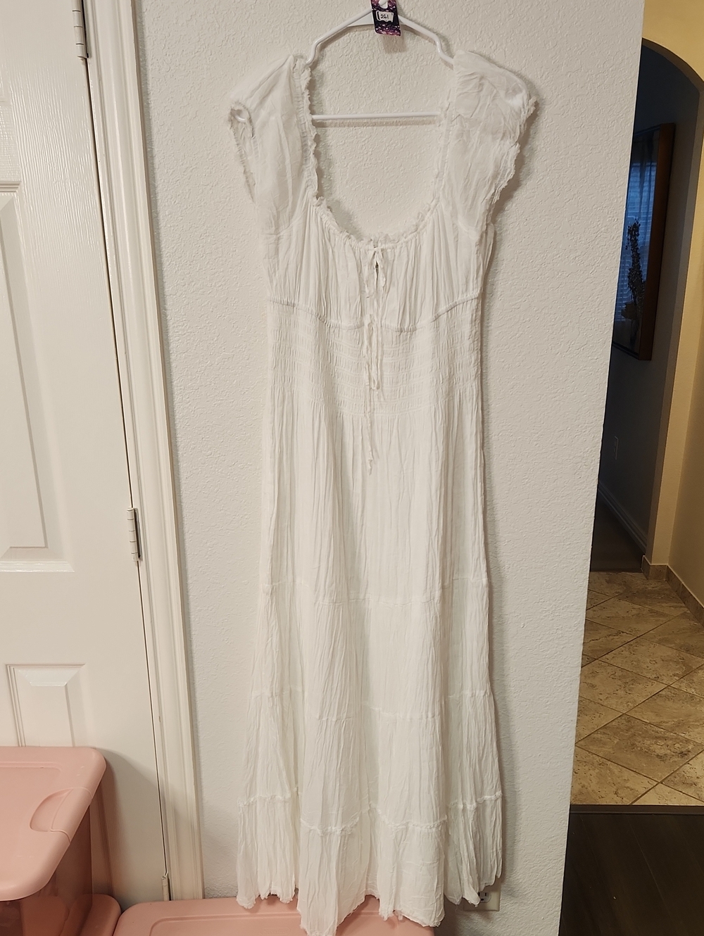 261.Kimchi Blue NWOT White Cotton Smocked Maxi Dress with Puff Sleeves - Picture 3 of 7
